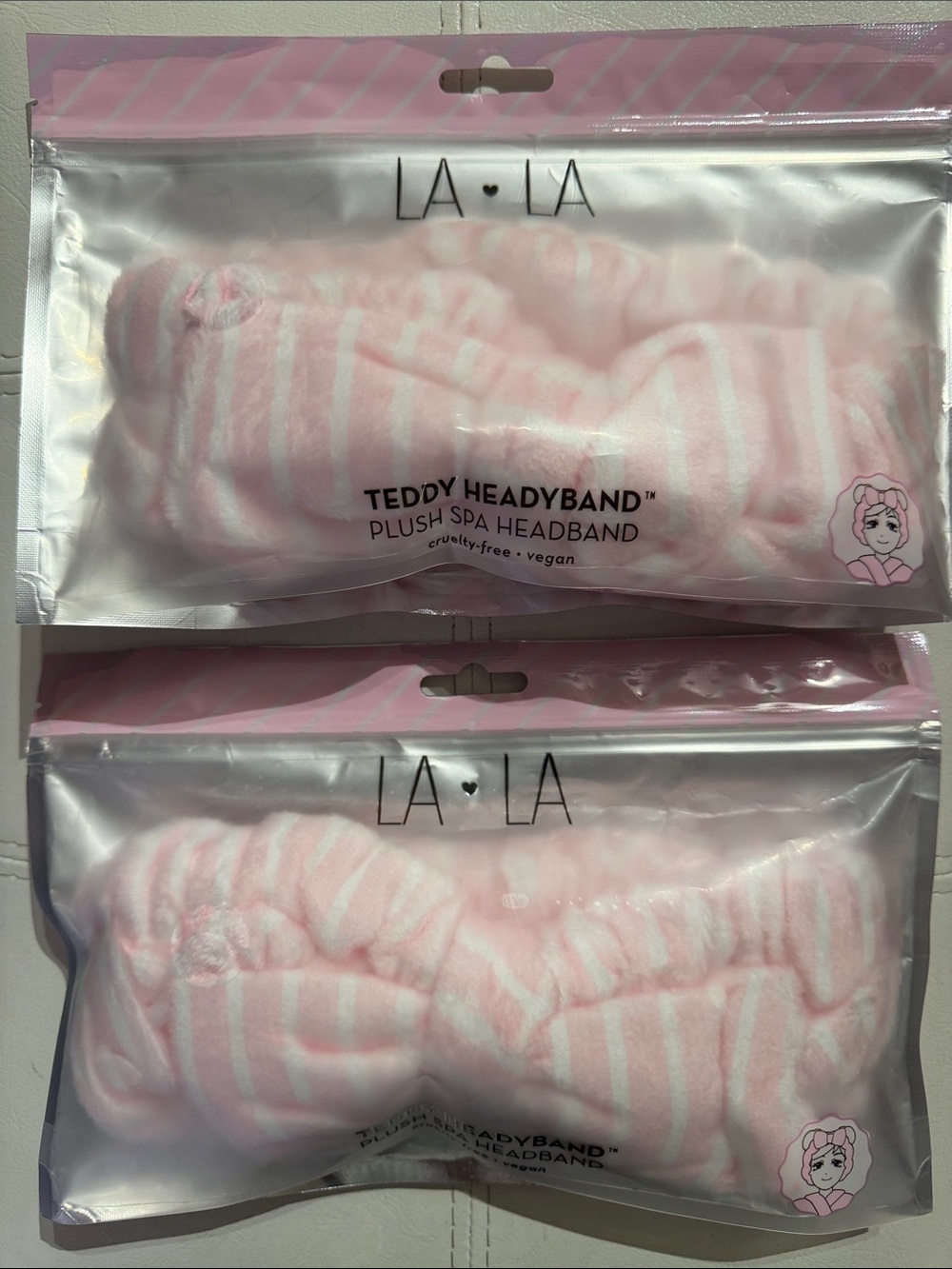 LA•LA Teddy Headyband Plush Spa Headband - Pink & White Stripes BOTH